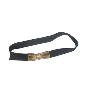 Day Lor Stretchy Belt Vintage Black Faux Pearl Gold Tone 80s Buckle Vtg Stretch